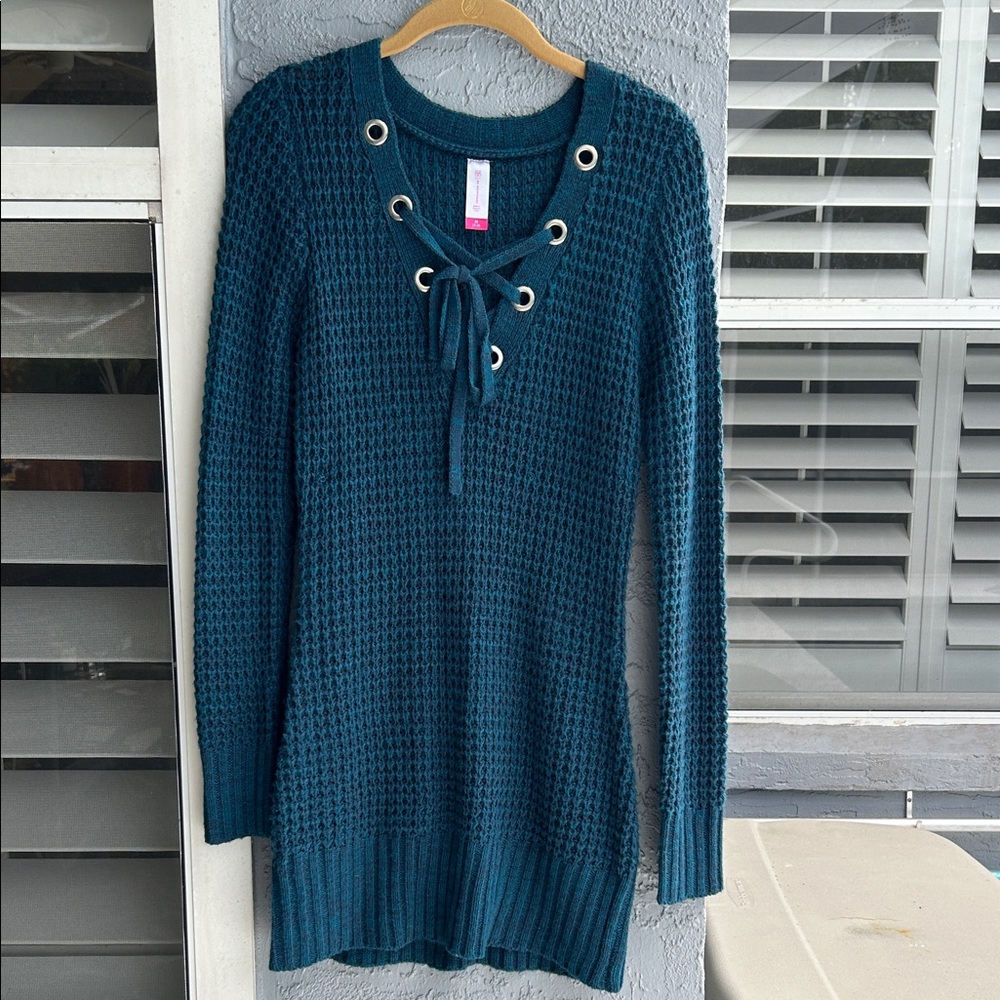 No Boundaries Teal Lace-Up Knit Sweater